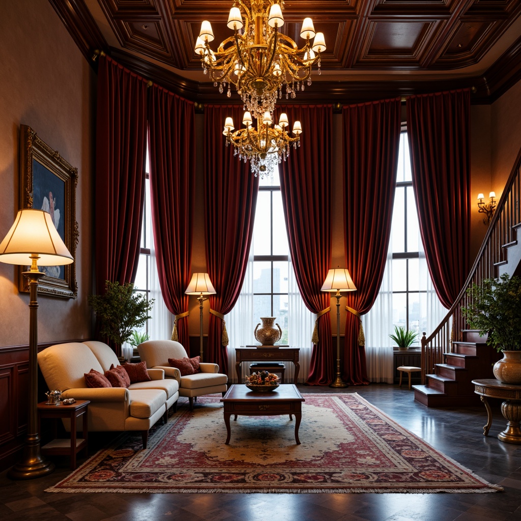 Prompt: Luxurious penthouse, rich velvet drapes, ornate wooden furniture, intricately patterned rugs, lavish chandeliers, grand piano, opulent marble floors, elegant staircase, vintage artifacts, ornamental vases, lavish gold accents, soft warm lighting, atmospheric ambiance, 1/1 composition, intimate setting, realistic textures, ambient occlusion.