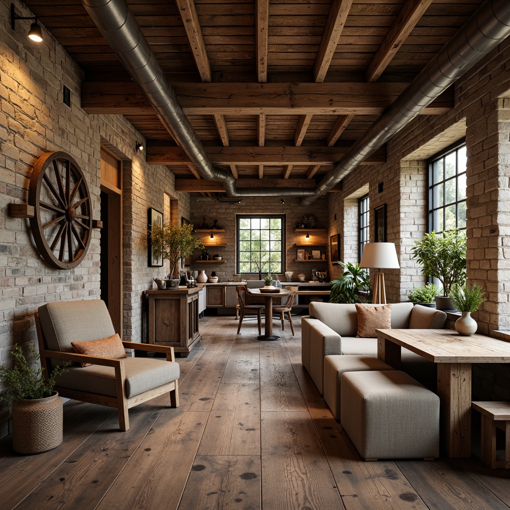 Prompt: Rustic farmhouse, weathered wooden planks, distressed metal accents, vintage farm tools, natural stone foundations, earthy color palette, textured brick walls, reclaimed wood floors, wooden beams, exposed ductwork, pendant lighting, cozy nooks, plush furnishings, soft warm lighting, shallow depth of field, 1/1 composition, realistic textures, ambient occlusion.