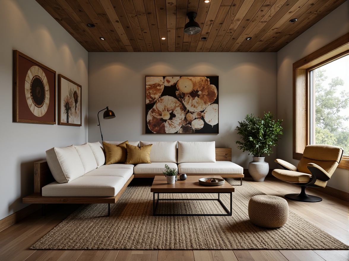 Prompt: Cozy living room, modern minimalist decor, sleek low-profile sofa, reclaimed wood coffee table, industrial metal legs, comfortable plush armchairs, natural fiber rugs, soft warm lighting, 1/1 composition, intimate atmosphere, rustic wooden accents, earthy color palette, organic textures, realistic render.