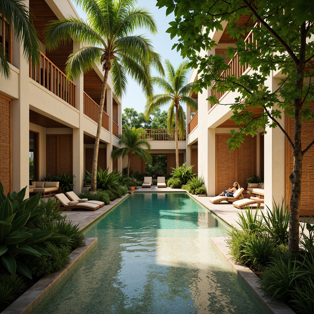 Prompt: Exotic island vibe, lush greenery, warm beige walls, natural stone accents, woven bamboo textures, reclaimed wood panels, distressed driftwood finishes, coral-inspired patterns, vibrant turquoise hues, sunny tropical days, soft diffused lighting, shallow depth of field, 3/4 composition, panoramic view, realistic reflections, ambient occlusion.