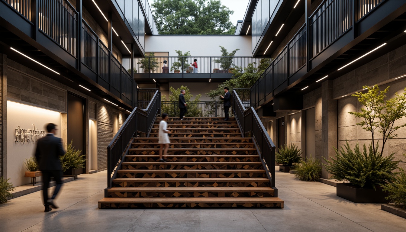 Prompt: Monochromatic staircase, minimalist railings, bold accent colors, sleek metal balusters, simple wooden treads, subtle LED lighting, geometric patterned risers, modernist architecture, open-plan layout, polished concrete floors, industrial chic decor, sparse greenery, natural stone walls, warm ambient glow, shallow depth of field, 1/1 composition, cinematic view, realistic textures, ambient occlusion.