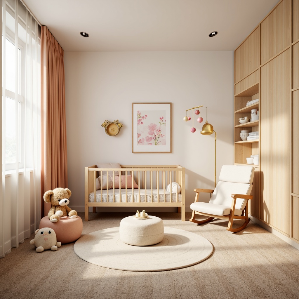 Prompt: Soft pastel colors, gentle curves, plush toys, adorable furniture, creamy textures, cozy atmosphere, warm lighting, natural wood accents, circular crib, comfortable glider, colorful mobiles, whimsical wall art, soothing music, peaceful ambiance, shallow depth of field, 1/2 composition, warm beige carpet, subtle patterns, modern minimalist design.