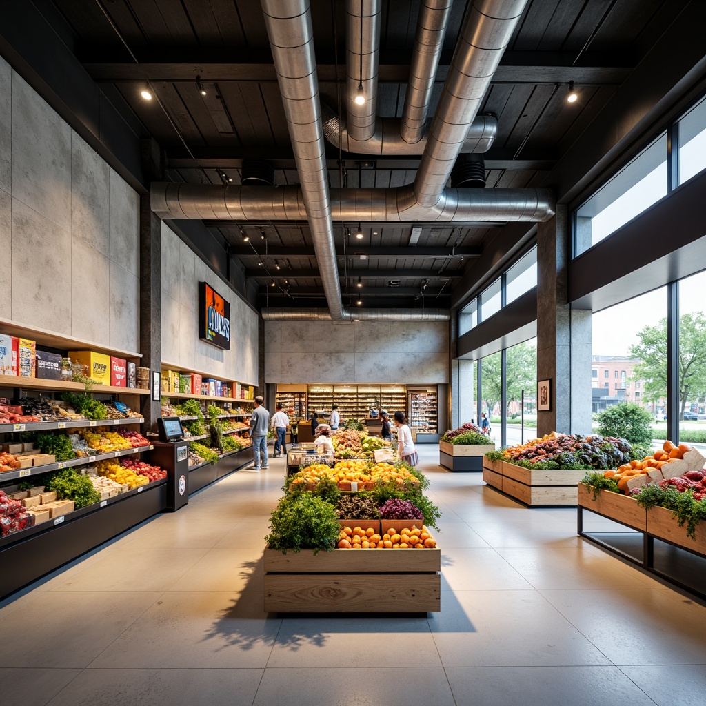 Prompt: Modern grocery store interior, open layout concept, high ceilings, exposed ductwork, polished concrete floors, natural stone walls, abundant daylight, sleek shelving systems, minimalist product displays, easy navigation, wide aisles, interactive kiosks, digital signage, fresh produce stands, vibrant color schemes, soft ambient lighting, shallow depth of field, 3/4 composition, realistic textures, ambient occlusion.