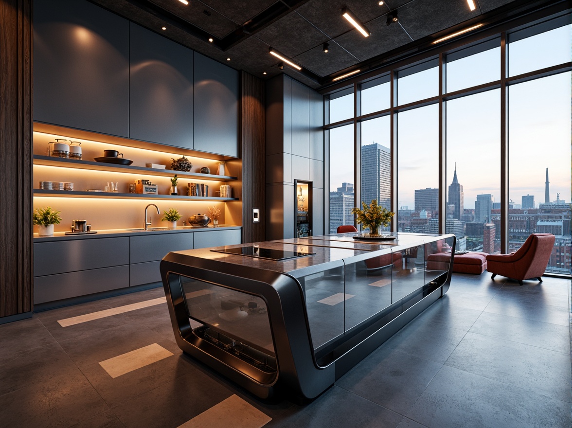 Prompt: Futuristic kitchen island, metallic countertops, glossy cabinets, ambient LED lighting, sleek induction cooktops, minimalist sink designs, open shelving systems, polished chrome fixtures, spacious walkways, panoramic windows, cityscape views, morning sunlight, soft warm ambiance, shallow depth of field, 3/4 composition, realistic reflections, ambient occlusion, modern furniture pieces, geometric patterns, vibrant color accents.