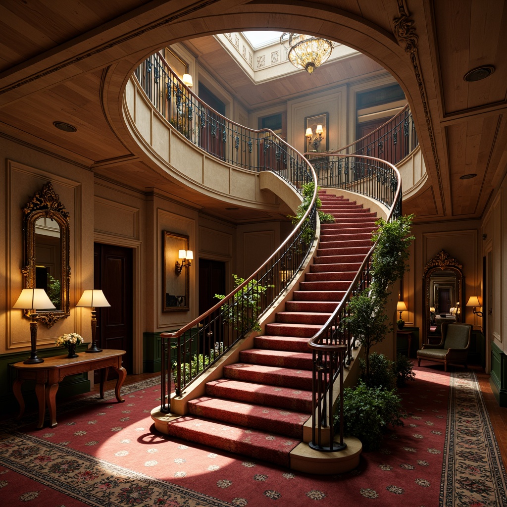 Prompt: \Opulent staircase, flowing Art Nouveau curves, ornate railings with organic motifs, sinuous banisters, grandiose landings, polished wooden treads, intricate metalwork details, soft warm lighting, atmospheric shadows, 1/1 composition, shallow depth of field, realistic textures, ambient occlusion, luxurious velvet upholstery, richly patterned carpets, decorative wall mirrors, lavish chandeliers, elegant candelabras.\