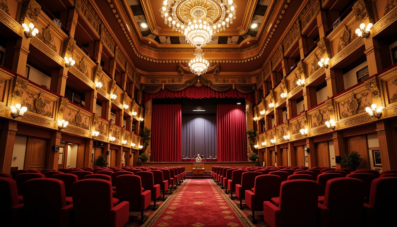 Prompt: Ornate traditional theater, plush velvet seats, golden balconies, red carpeted aisles, intricate wooden carvings, ornamental chandeliers, grand stage, richly textured curtains, warm soft lighting, intimate atmosphere, 1/2 composition, shallow depth of field, realistic wood grain textures, ambient occlusion.