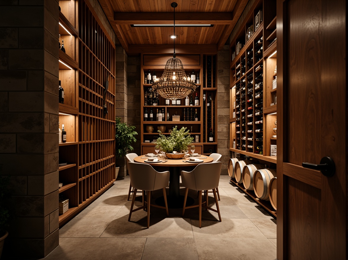 Prompt: Climate-controlled wine cellar, rich wood tones, dimmed lighting, humidifier systems, temperature regulation, precise thermostat control, ideal storage conditions, aged oak barrels, vintage wine collections, sophisticated racking systems, natural stone walls, ambient LED lighting, soft focus blur, shallow depth of field, 2/3 composition, realistic reflections, subtle color grading.