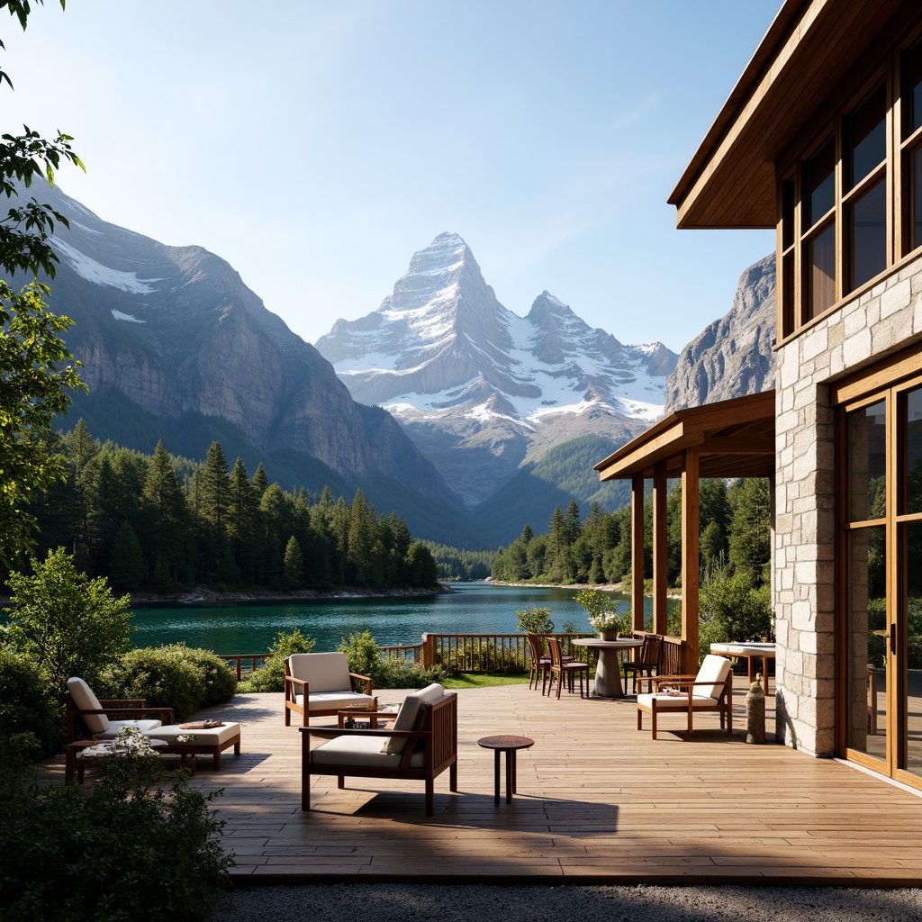 Prompt: Panoramic mountain range, snow-capped peaks, verdant forests, serene lakeside, rustic wooden decks, outdoor furniture, comfortable seating areas, cantilevered roofs, large windows, sliding glass doors, natural stone walls, earthy color palette, warm sunny day, soft diffused lighting, atmospheric perspective, 1/2 composition, cinematic framing, vivid realistic textures.