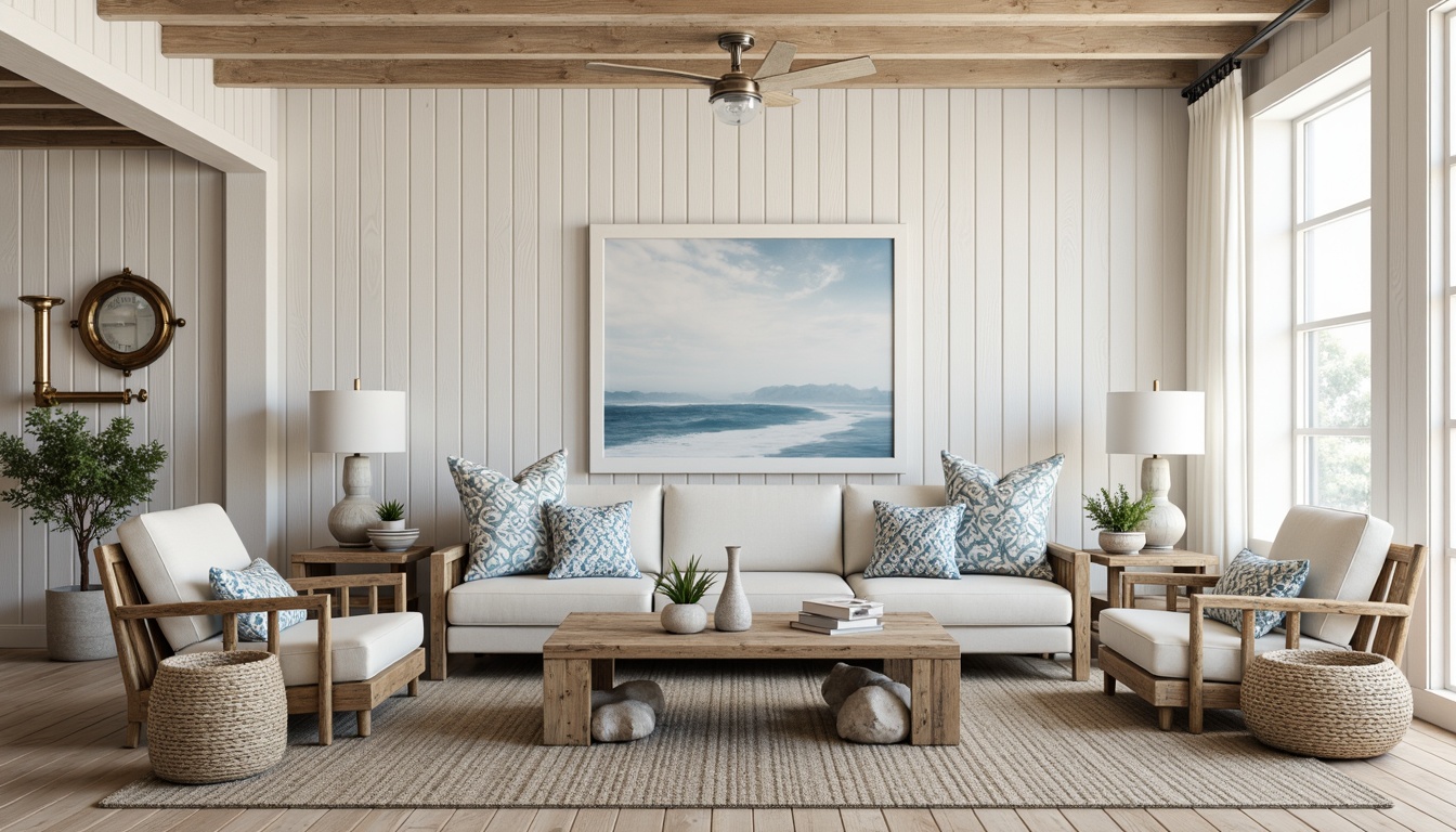 Prompt: Driftwood furniture, natural woven fibers, sea glass vases, nautical rope accents, coral-inspired patterns, ocean-blue hues, creamy whites, weathered wooden walls, shiplap paneling, distressed finishes, beachy textiles, seashell decorations, porthole windows, vintage nautical instruments, soft warm lighting, coastal scents, airy open spaces, minimalist decor, organic shapes, natural materials, serene ambiance.