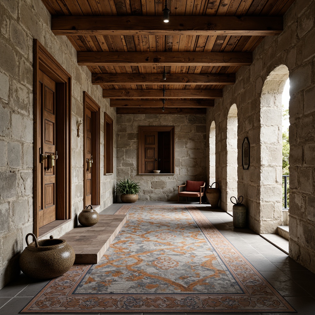 Prompt: Rustic wooden planks, distressed finishes, rough stone walls, worn concrete floors, vintage metal accents, ornate tile patterns, intricate mosaics, earthy color palette, natural materials, organic shapes, soft warm lighting, shallow depth of field, 3/4 composition, realistic textures, ambient occlusion.