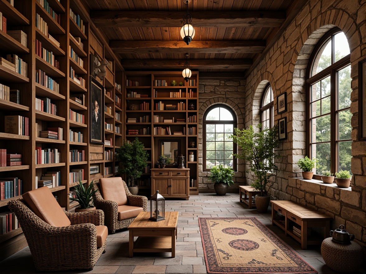 Prompt: Rustic library interior, warm wooden bookshelves, vintage leather-bound books, distressed stone walls, earthy color palette, natural fiber rugs, woven wicker furniture, reclaimed wood accents, metal lanterns, soft warm lighting, cozy reading nooks, plush armchairs, rich wood tones, traditional architectural details, ornate metalwork, rustic wooden ladders, aged brick floors, moss-covered outdoor surroundings, overcast sky, soft focus effect, 1/1 composition, realistic textures, subtle ambient occlusion.