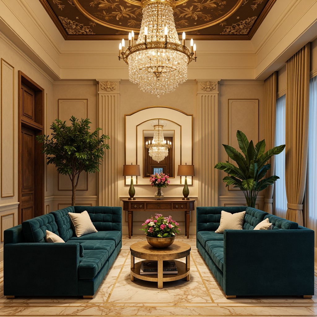 Prompt: Rich velvet furnishings, luxurious golden accents, soft creamy walls, warm beige marble floors, elegant crystal chandeliers, lavish emerald greenery, sophisticated navy blue tones, subtle charcoal grey undertones, natural wood textures, ornate metallic fixtures, ambient warm lighting, shallow depth of field, 1/1 composition, realistic reflections, intricate patterns.