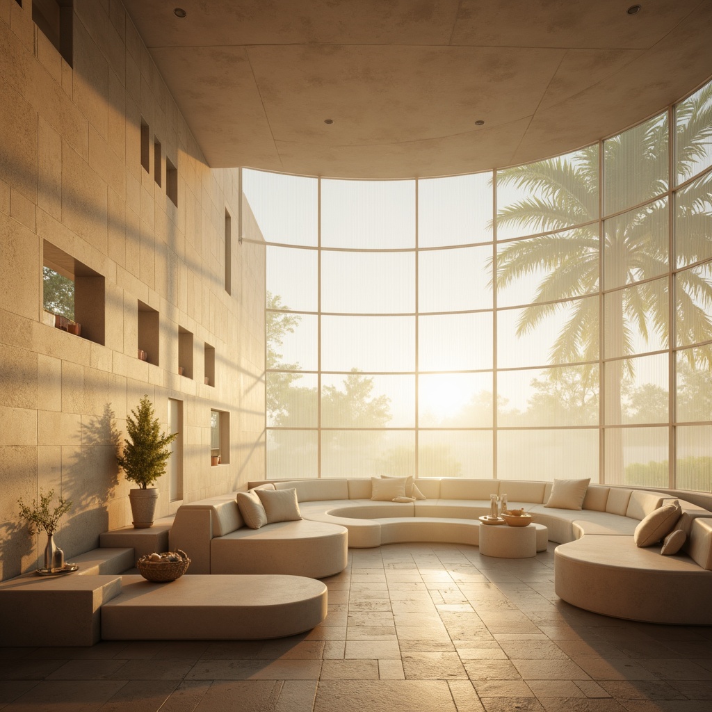 Prompt: Ethereal spiritual sanctuary, translucent walls, soft diffused light, minimalist decor, sleek modern architecture, curved lines, open floor plan, communal seating, natural stone flooring, subtle ambient lighting, peaceful atmosphere, morning mist, warm golden hour, shallow depth of field, 1/1 composition, realistic textures, ambient occlusion.