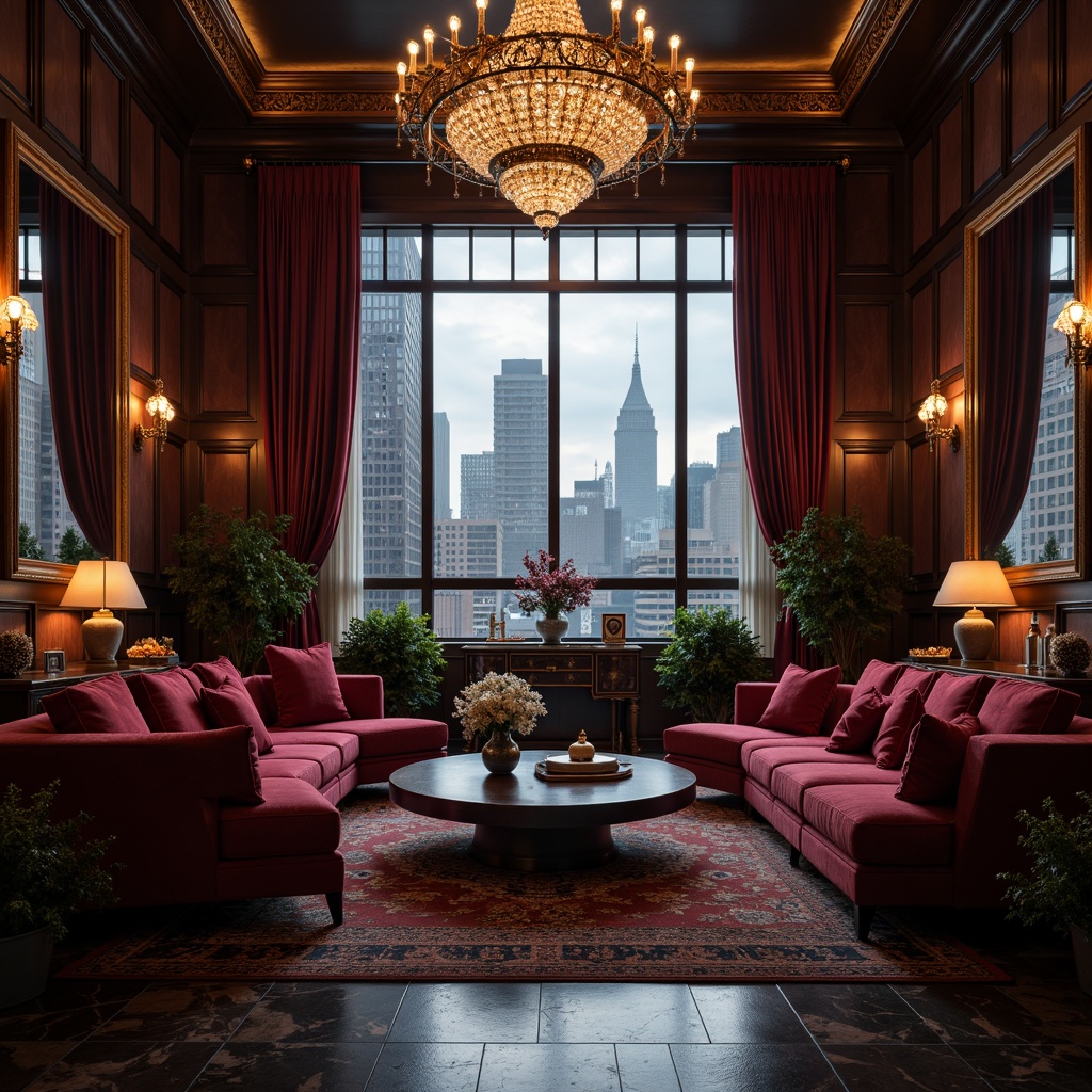 Prompt: Dramatic maroon accents, luxurious dark wood furniture, rich velvet upholstery, ornate golden frames, lavish crystal chandeliers, opulent marble floors, majestic high ceilings, sophisticated urban loft, atmospheric cityscape, misty evening light, warm cozy ambiance, shallow depth of field, 1/1 composition, cinematic lighting, realistic textures, ambient occlusion.