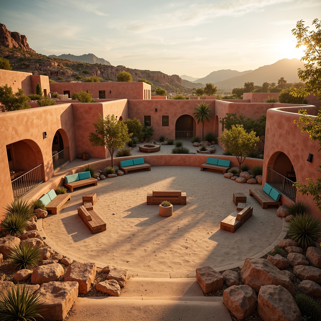 Prompt: Warm sandy amphitheater, Southwestern terracotta walls, rustic wooden benches, vibrant turquoise accents, desert flora, cacti plants, warm golden lighting, soft shadows, natural stone steps, adobe-inspired architecture, earthy tones, warm beige textures, dramatic sunset views, low-angle lighting, 1/2 composition, realistic rock formations, ambient occlusion.