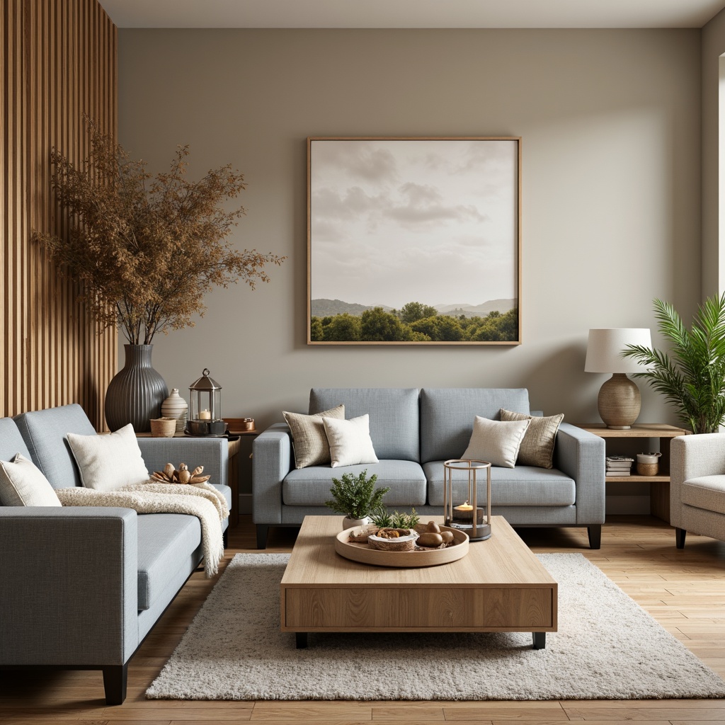 Prompt: Cozy Scandinavian family room, warm beige walls, soft grayish-blue furniture, natural oak wood accents, plush throw blankets, creamy white textiles, calming moss greenery, rustic wooden decor, vintage metal lanterns, warm candlelight, inviting atmosphere, 1/2 composition, shallow depth of field, realistic textures, ambient occlusion.