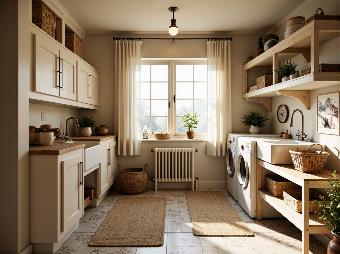 Prompt: Cozy traditional laundry room, warm beige walls, creamy white cabinets, ornate metal fixtures, distressed wood accents, soft pastel color scheme, vintage-inspired lighting fixtures, warm LED bulbs, subtle ambient glow, layered window treatments, sheer curtains, natural fiber rugs, woven baskets, classic ceramic tiles, farmhouse-style sink, ornate metal faucets, delicate floral patterns, morning sunlight, gentle shadows, 1/2 composition, warm color palette, realistic textures, soft focus.