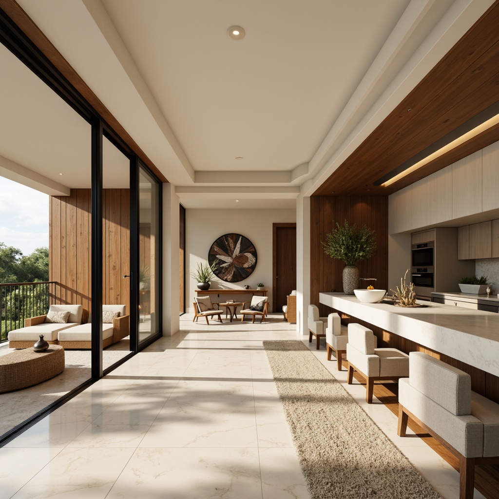 Prompt: Luxurious villa interior, modern minimalist aesthetic, sleek marble floors, warm wood accents, cream-colored walls, floor-to-ceiling windows, sliding glass doors, plush area rugs, low-profile furniture, metallic light fixtures, subtle texture contrasts, ambient indirect lighting, 1/1 composition, soft focus blur, realistic material reflections, high-end appliances, premium kitchen countertops, spa-inspired bathroom design, freestanding tubs, rainfall showerheads, modern art pieces, geometric patterned textiles.