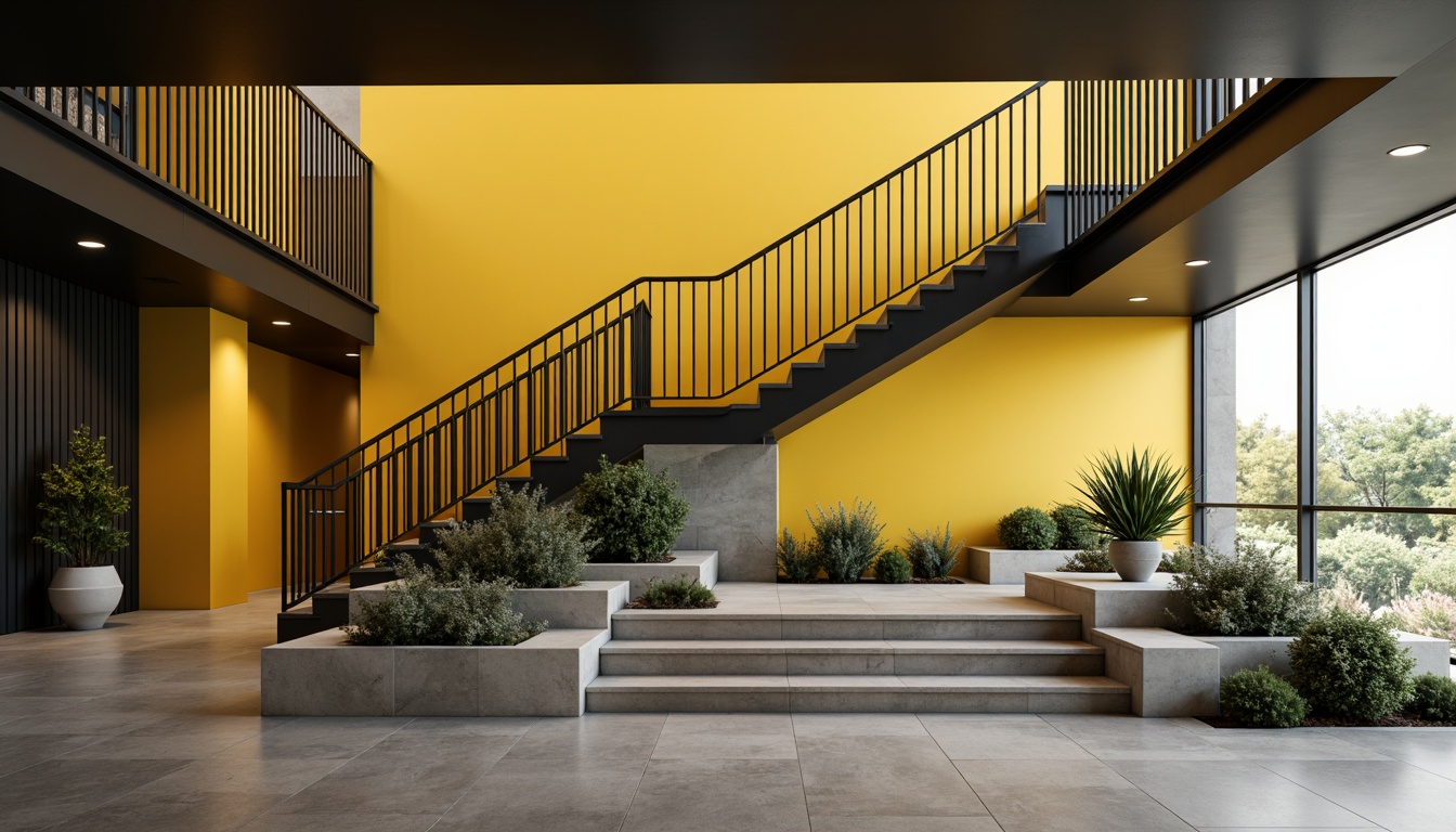 Prompt: Monochromatic staircase, sleek metal railings, minimalistic design, accent walls in bold yellow, statement lighting fixtures, open-plan layout, polished concrete floors, industrial-chic atmosphere, natural stone steps, geometric-shaped planters, sparse greenery, modern minimalist aesthetic, soft warm glow, low-key shadows, 1/1 composition, cinematic view, realistic textures, subtle ambient occlusion.