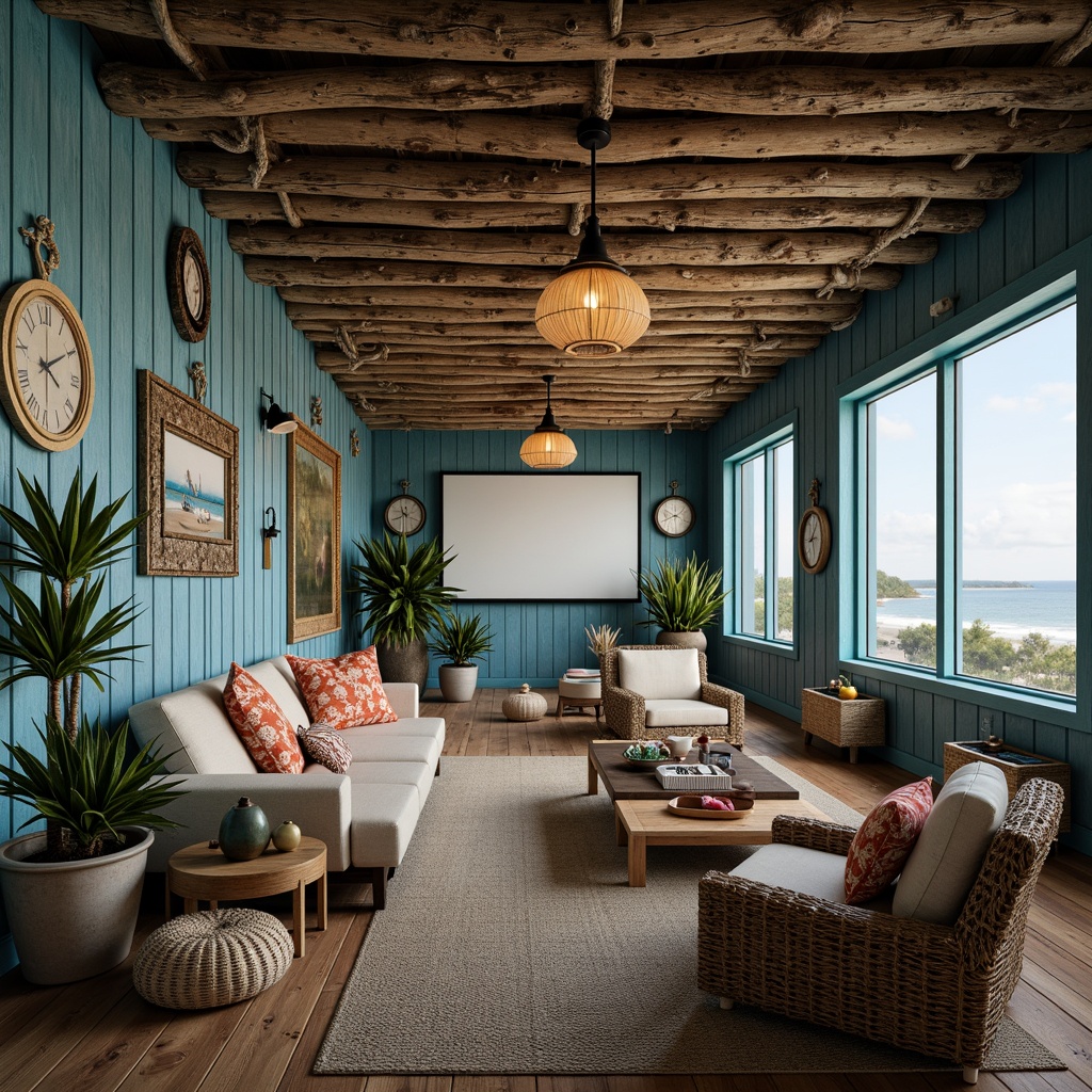 Prompt: Driftwood accents, nautical ropes, distressed wood paneling, ocean-inspired color palette, soft blue hues, calming greenery, cinematic screens, plush theater seating, decorative coral patterns, shell-adorned accessories, beachy textures, natural woven fibers, rattan furniture, ambient coastal lighting, warm golden tones, cinematic sound systems, ocean-view windows, 3/4 composition, shallow depth of field, panoramic view, realistic renderings.