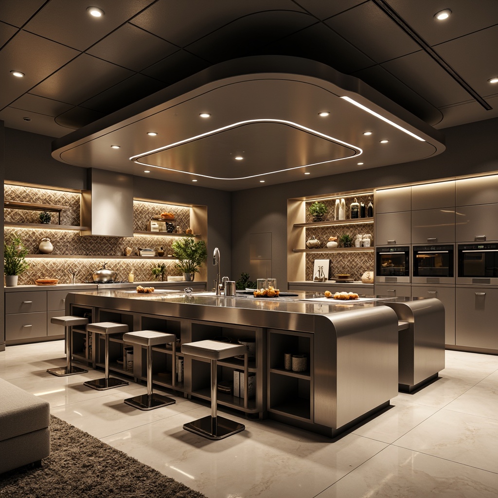 Prompt: Futuristic kitchen island, sleek metal countertops, minimalist cabinetry, LED lighting strips, polished chrome fixtures, high-gloss flooring, modern appliances, touchless faucets, induction cooktops, wall-mounted shelves, open shelving systems, geometric patterned backsplashes, ambient indirect lighting, soft warm color scheme, shallow depth of field, 1/1 composition, realistic reflective surfaces, subtle texture overlays.