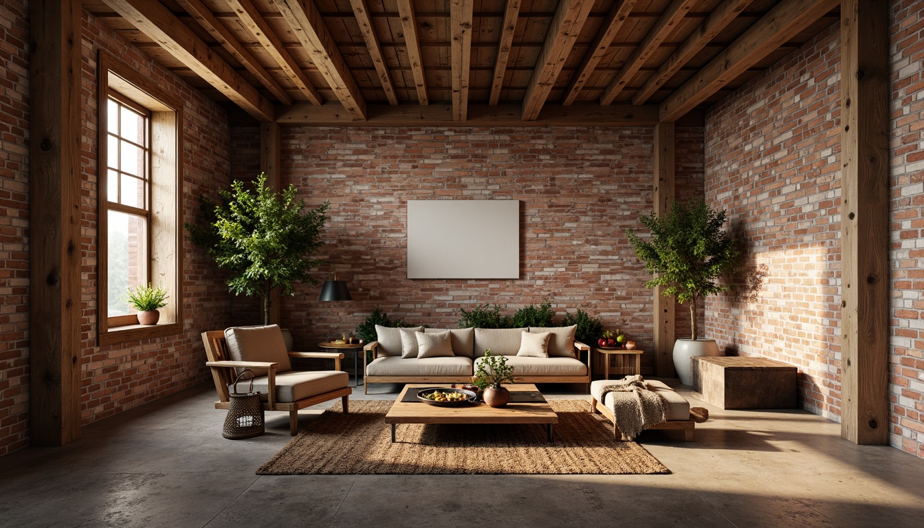 Prompt: Rustic wooden accents, distressed brick walls, natural stone textures, earthy color palette, vintage decorative tiles, exposed ceiling beams, reclaimed wood planks, woven textiles, organic shapes, soft warm lighting, shallow depth of field, 1/1 composition, realistic materials, ambient occlusion, cozy atmosphere, traditional furniture pieces, ornate metalwork details.