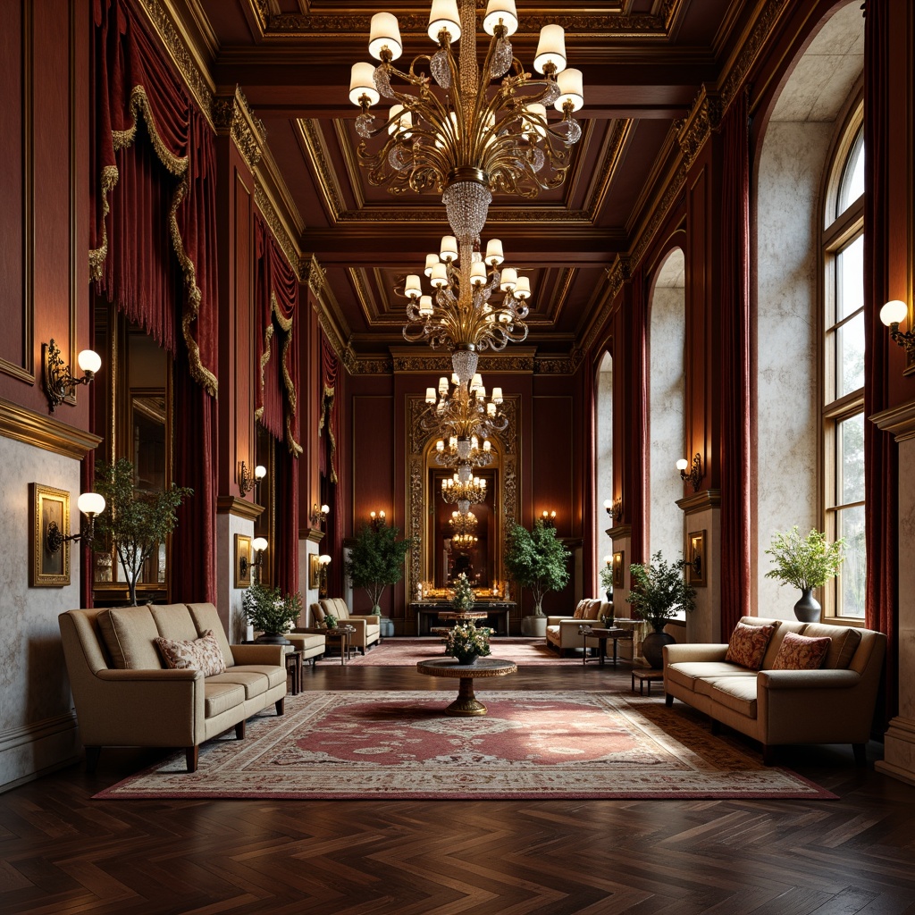 Prompt: Intricate Baroque-style interior, ornate furnishings, rich wood tones, gold accents, velvet drapes, marble columns, grand chandeliers, opulent textures, luxurious ambiance, dark hardwood flooring, inlaid patterns, hand-scraped finishes, high-gloss surfaces, crystal chandeliers, lavish decor, regal atmosphere, dramatic lighting, 1/2 composition, warm color palette, ornate details.