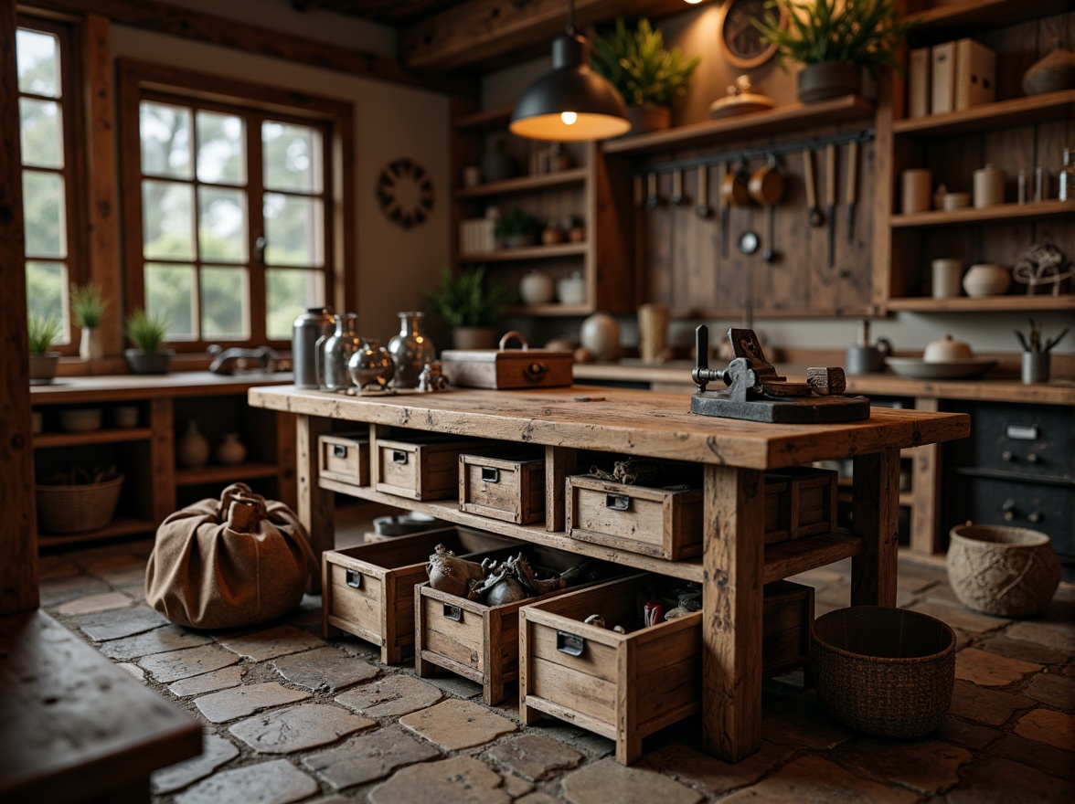 Prompt: Rustic wooden workbench, distressed finishes, metal vice grips, wooden toolboxes, leather aprons, vintage hand tools, earthy color palette, natural stone flooring, wooden crates, woven baskets, lantern lighting, warm soft shadows, shallow depth of field, 1/1 composition, realistic textures, ambient occlusion.Let me know if you need any adjustments!