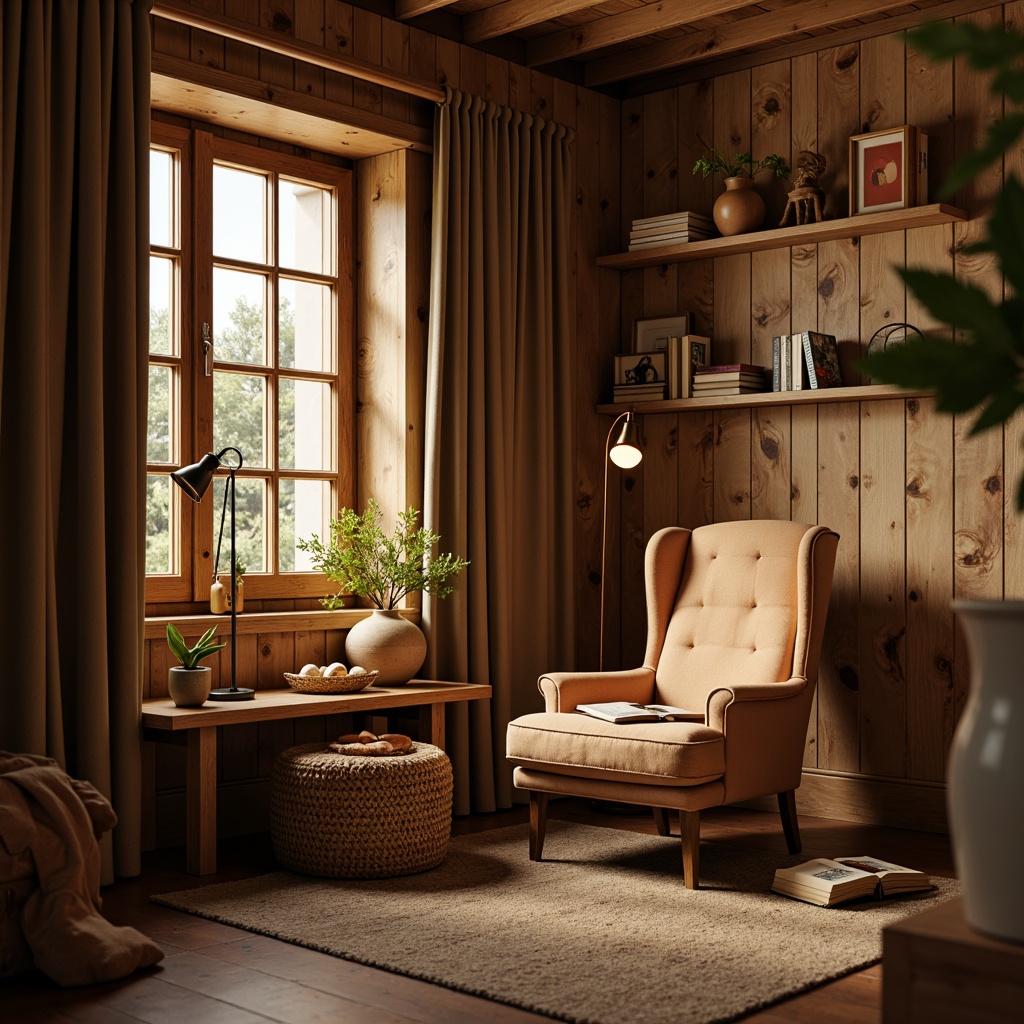 Prompt: Cozy reading nook, warm golden lighting, plush velvet armchair, reclaimed wood accent wall, vintage metal floor lamp, soft beige rug, natural stone side table, woven wicker basket, earthy terracotta vases, rustic wooden shelves, distressed finish, organic textures, shallow depth of field, 1/2 composition, intimate atmosphere, warm color palette.