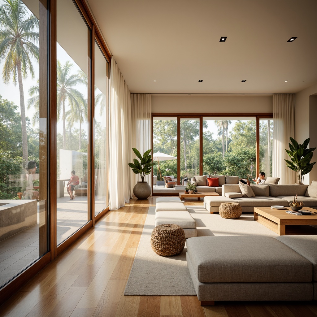 Prompt: Vibrant living room, floor-to-ceiling windows, sliding glass doors, minimal window frames, sheer white curtains, polished wooden floors, reflective surfaces, indirect natural light, cozy reading nook, comfortable seating area, warm beige walls, subtle texture patterns, elegant modern furniture, ambient soft lighting, 1/2 composition, shallow depth of field, realistic renderings.