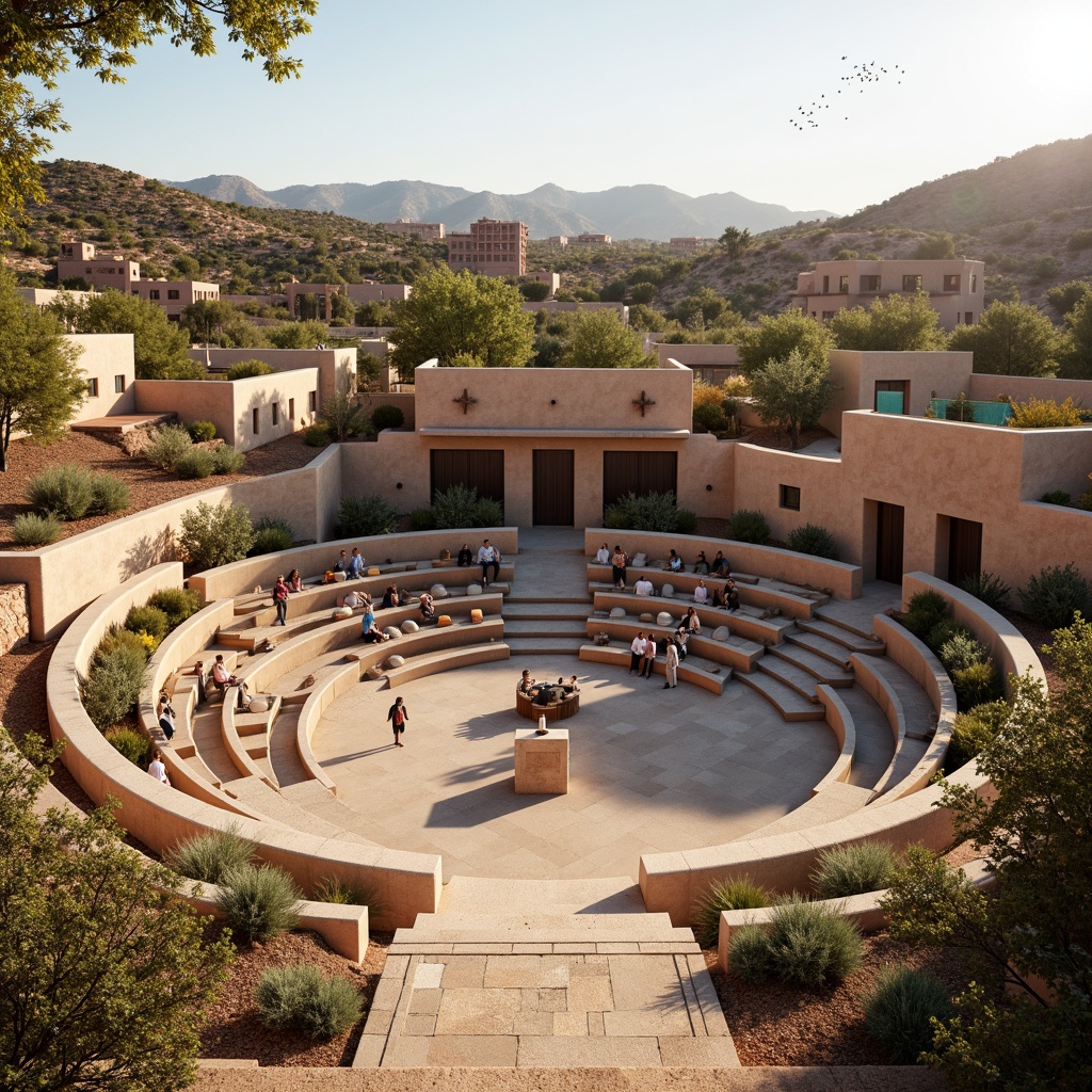 Prompt: Southwestern-style amphitheater, adobe-inspired architecture, curved seating areas, natural stone walls, rustic wooden accents, vibrant turquoise details, desert botanical gardens, cacti silhouettes, warm sunny day, soft ambient lighting, shallow depth of field, 3/4 composition, panoramic view, realistic textures, ambient occlusion, optimal sound diffusion, strategically placed loudspeakers, resonant frequency consideration, echo reduction materials, audience seating arrangements, performer stage design, sound wave propagation analysis.