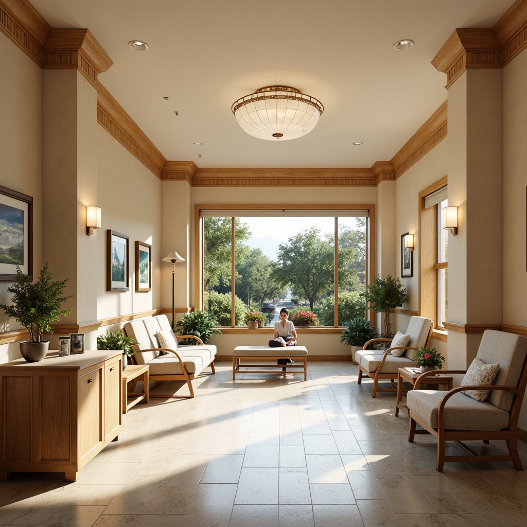 Prompt: Warm beige walls, soft cream-colored furniture, rich wood accents, comfortable patient rooms, gentle pastel shades, calming blue tones, soothing green hues, elegant chandeliers, ornate moldings, classic columns, traditional nurse stations, vintage medical equipment, natural stone floors, plush carpets, warm lighting fixtures, cozy waiting areas, serene outdoor gardens, blooming flowers, peaceful water features, subtle texture overlays, realistic material renderings, 1/1 composition, soft focus effect.