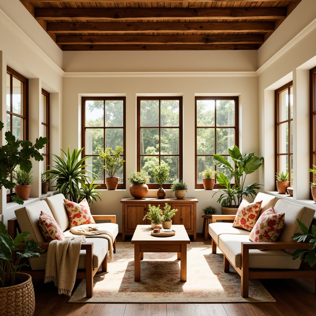 Prompt: Warm sunroom, soft natural light, creamy white walls, rich wood accents, plush furniture, vibrant greenery, floral patterns, earthy terracotta pots, cozy throw blankets, rustic wooden beams, sunny afternoon, warm golden lighting, shallow depth of field, 1/1 composition, inviting atmosphere, realistic textures, ambient occlusion.