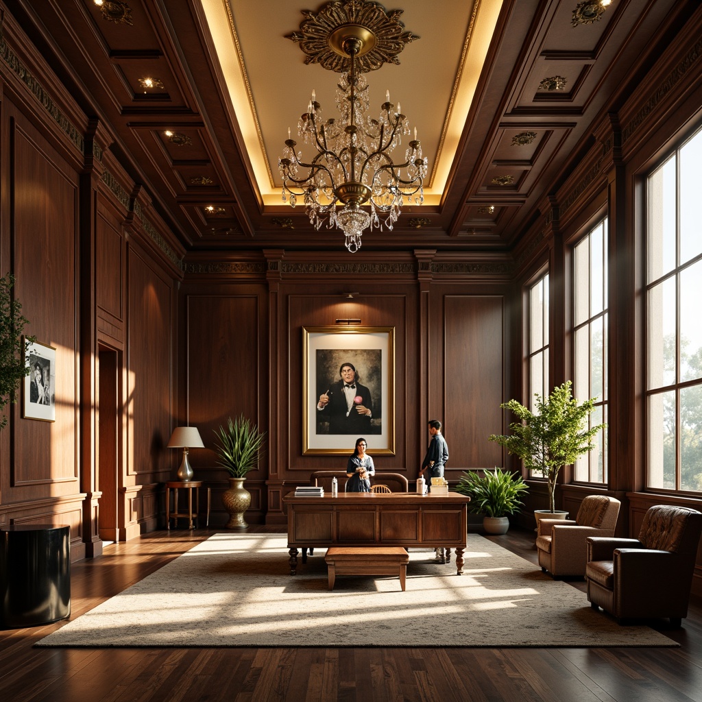 Prompt: Elegant office interior, classical architectural elements, ornate chandeliers, bronze metal fixtures, crystal droplets, warm golden lighting, rich wood paneling, leather-bound furniture, sophisticated color palette, high ceilings, large windows, soft diffused light, 1/2 composition, realistic textures, ambient occlusion.