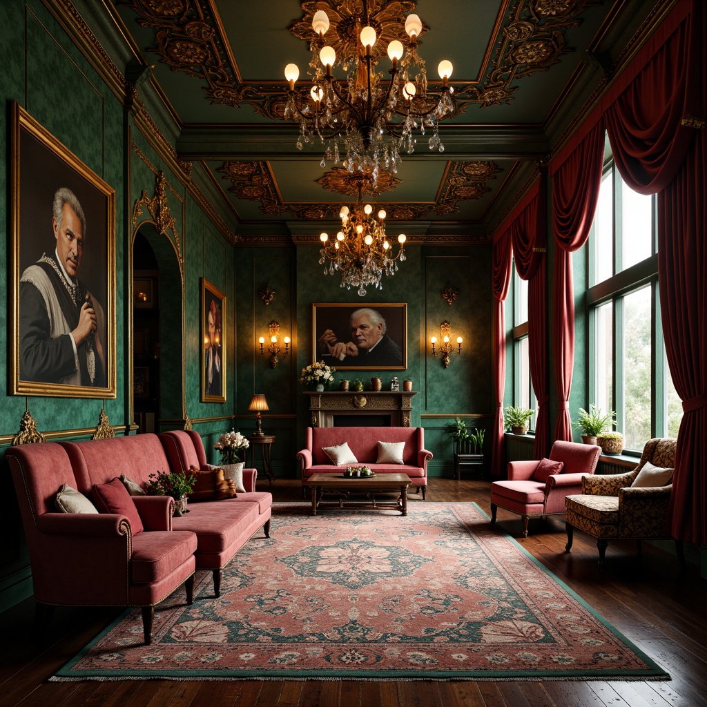 Prompt: Luxurious Victorian mansion, rich jewel tones, emerald green walls, ruby red accents, golden ornate details, lavish velvet drapes, intricately patterned rugs, warm candlelight, dark wood paneling, antique furniture pieces, opulent crystal chandeliers, soft feminine pastels, muted mauve hues, distressed vintage textures, subtle sheen finishes, dramatic high contrast lighting, cinematic composition, ornate gilded frames, romantic whimsical atmosphere.