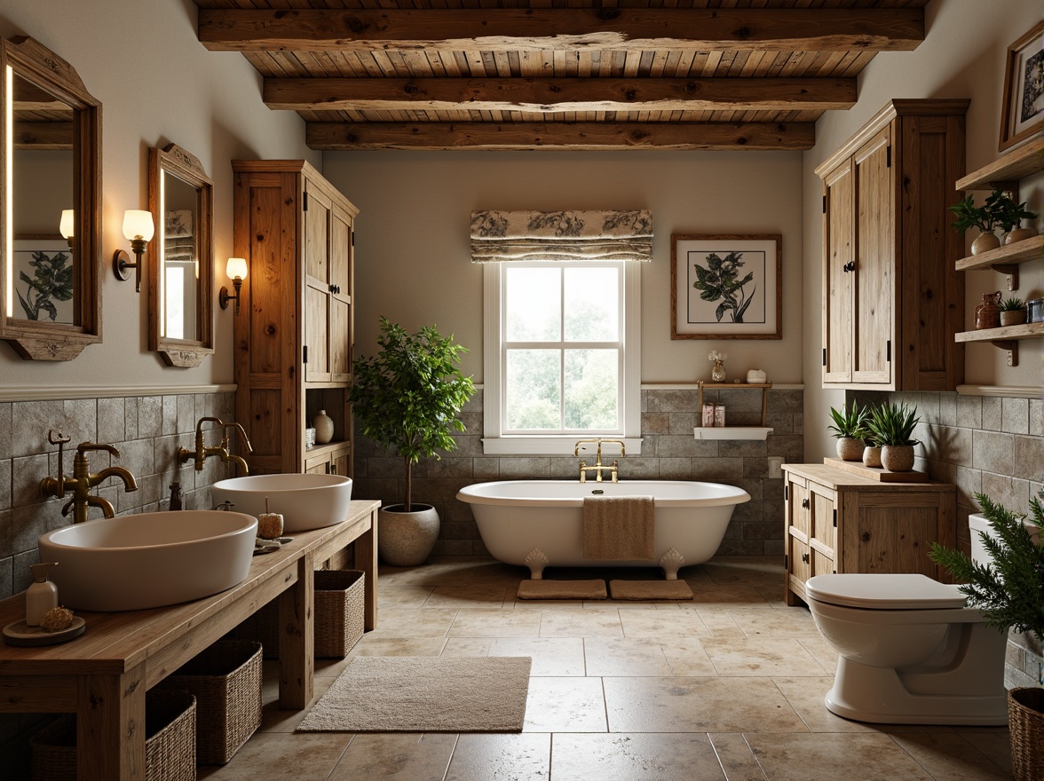 Prompt: Rustic farmhouse bathroom, distressed wooden cabinets, vintage metal fixtures, porcelain sink basins, antique brass faucets, exposed brick walls, natural stone flooring, reclaimed wood shelving, earthy color palette, soft warm lighting, warm beige tones, freestanding tubs, ornate mirrors, decorative tiles, botanical prints, potted greenery, country-style accessories, classic farmhouse decor, cozy intimate ambiance, shallow depth of field, 1/1 composition, realistic textures.