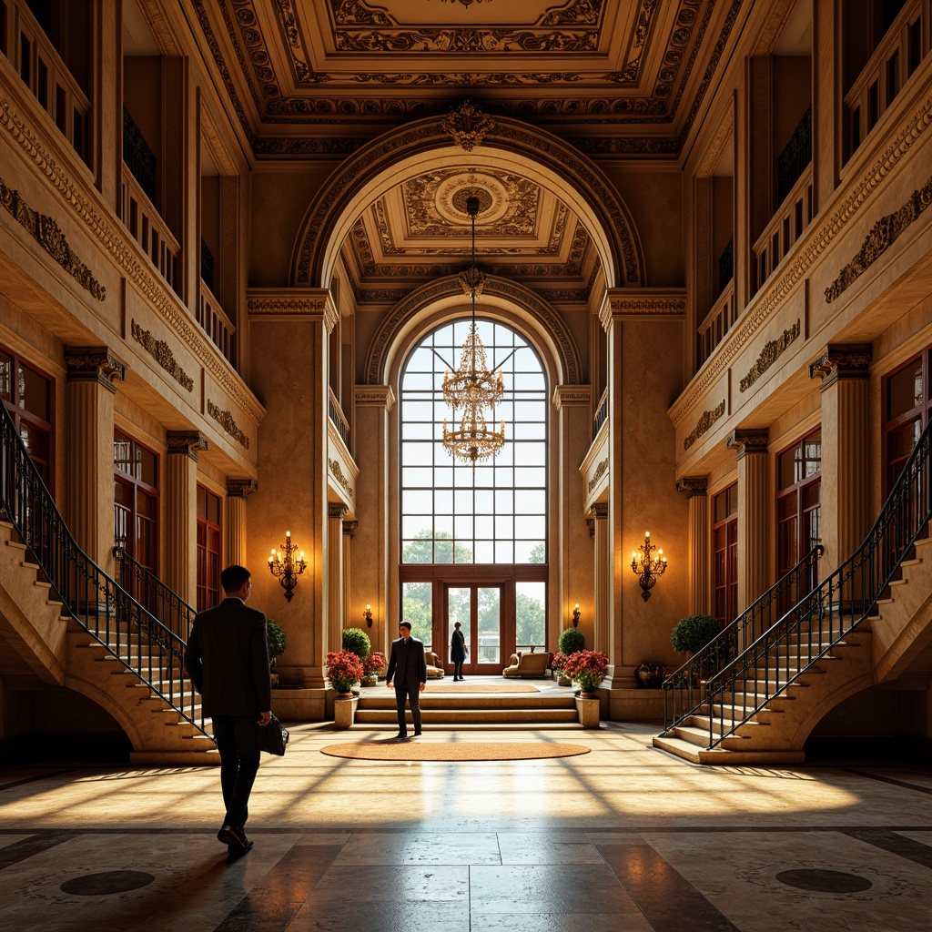 Prompt: Grand museum entrance, intricately carved wooden doors, ornate moldings, high ceilings, lavish chandeliers, marble floors, Victorian-era-inspired architecture, opulent decorations, richly patterned carpets, stately staircases, imposing columns, dramatic archways, grandiose scale, warm golden lighting, soft focus, shallow depth of field, 2/3 composition, realistic textures, ambient occlusion.