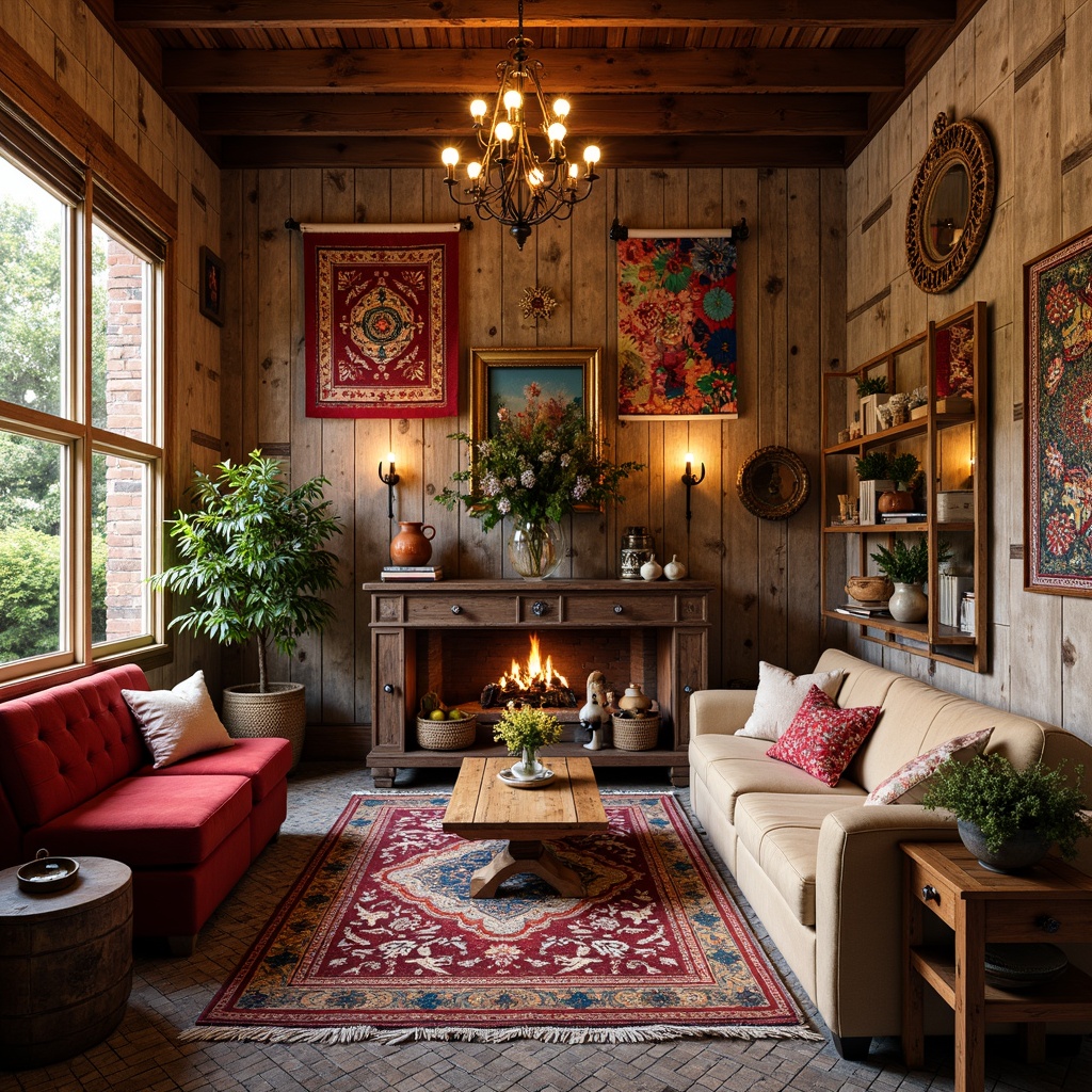 Prompt: Vibrant bohemian interior, distressed wooden planks, exposed brick walls, eclectic artwork, colorful tapestries, macrame textiles, woven baskets, natural fiber rugs, plush velvet sofas, Moroccan-inspired tiles, ornate mirrors, antique furniture pieces, vintage decorative items, warm golden lighting, shallow depth of field, 1/1 composition, rustic-chic ambiance.