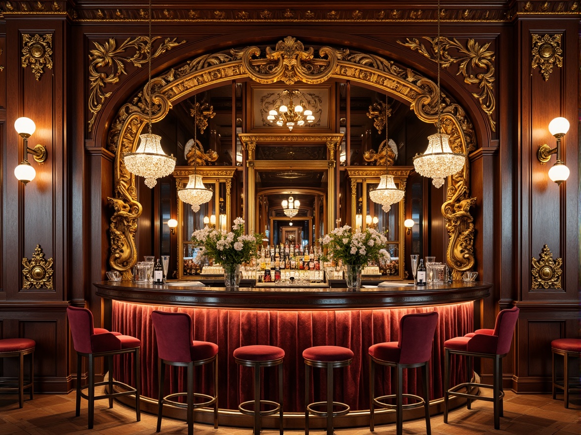 Prompt: Ornate Rococo-style bar counter, intricately carved wooden frame, gilded accents, ornamental mirrors, lavish fabrics, velvet upholstery, crystal chandeliers, rich mahogany tones, antique bronze hardware, curved silhouette, opulent marble countertops, warm golden lighting, soft focus, shallow depth of field, 1/1 composition, realistic textures, ambient occlusion.