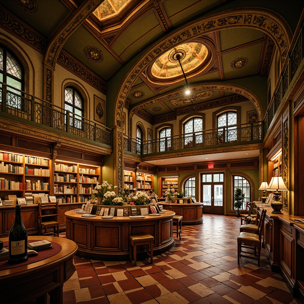 Prompt: Richly ornate bookstore, Art Nouveau style, warm golden lighting, intricate wooden shelves, curved lines, organic motifs, flowing patterns, vintage typography, earthy tone color palette, moss green walls, terracotta red accents, creamy beige book spines, polished bronze fixtures, stained glass windows, soft diffused light, 1/2 composition, intimate atmosphere, realistic textures, ambient occlusion.