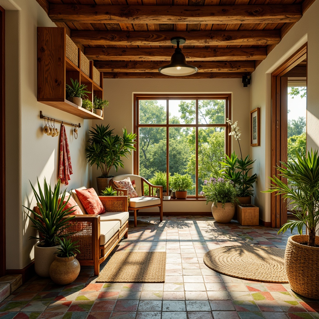 Prompt: Vibrant mudroom interior, tropical style decor, woven rattan furniture, natural fiber rugs, wicker storage baskets, exotic wood accents, colorful ceramic tiles, lush greenery, potted palm trees, warm golden lighting, shallow depth of field, 1/2 composition, rustic wooden shelves, metal hooks, woven reed bins, decorative seashells, nautical rope details, ambient occlusion.