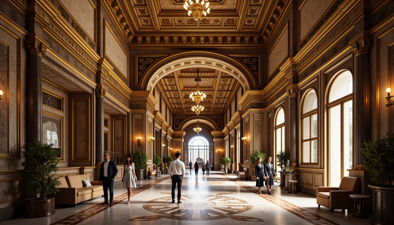 Prompt: Grand banking hall, high ceilings, ornate crown molding, gold leaf details, intricate carvings, classical columns, marble floors, stately furniture, rich wood tones, luxurious textiles, elegant chandeliers, soft warm lighting, shallow depth of field, 1/2 composition, realistic textures, ambient occlusion.