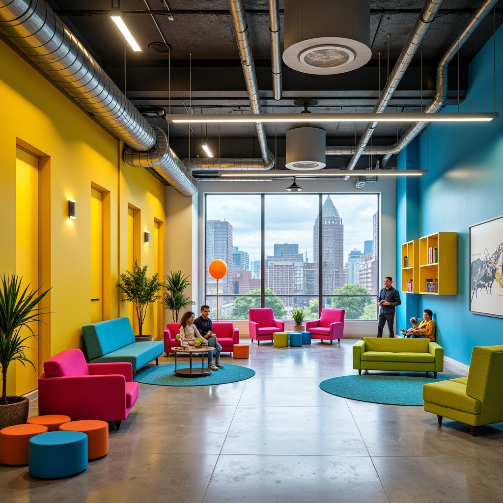 Prompt: Vibrant youth center, energetic atmosphere, playful color scheme, bold bright hues, warm yellow walls, sky blue accents, lime green furniture, neon pink decorations, modern industrial design, exposed ductwork, polished concrete floors, sleek metal beams, natural light pouring in, large windows, urban cityscape views, dynamic lighting effects, 3/4 composition, shallow depth of field, realistic textures.