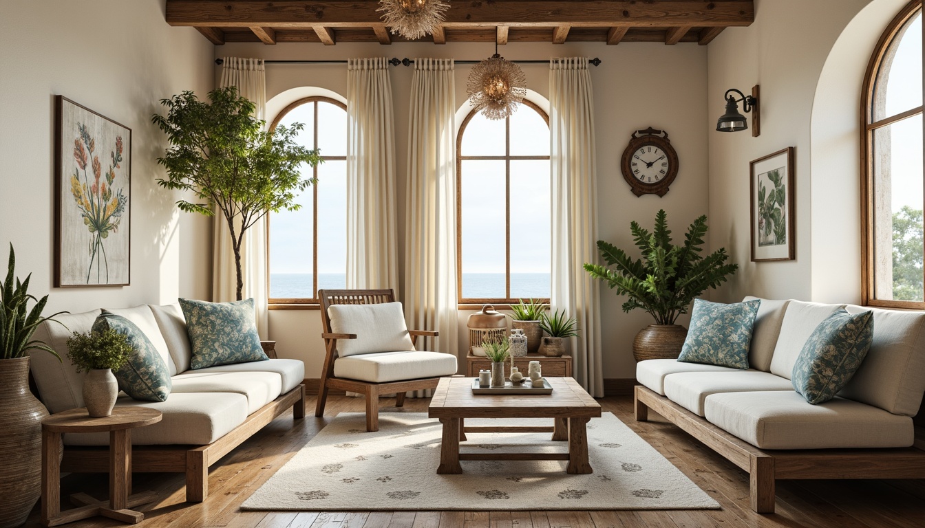 Prompt: Coastal cottage, weathered wooden accents, driftwood furniture, natural fiber textiles, linen upholstery, soft blue-green hues, shell-inspired patterns, coral-colored throw pillows, ocean-breeze inspired fabrics, billowy curtains, distressed wood flooring, vintage nautical decor, porthole windows, sea-glass chandeliers, warm beige walls, organic shapes, relaxed composition, shallow depth of field, natural lighting, 1/1 aspect ratio.