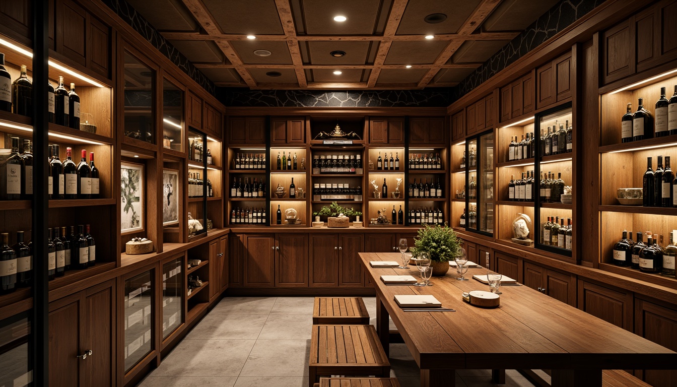 Prompt: Luxurious wine cellar, rich wood tones, elegant metalwork, LED lighting accents, climate-controlled environment, premium glass doors, sophisticated shelving systems, wooden crates, wine bottle displays, rustic stone walls, dimmed warm ambiance, soft focus blur, shallow depth of field, 1/2 composition, realistic textures, ambient occlusion.