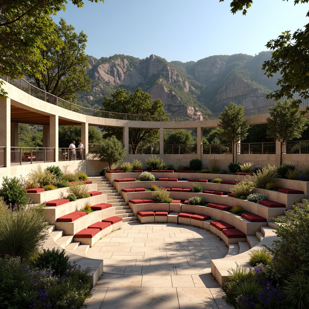 Prompt: Amphitheater design, curved seating, tiered levels, natural stone walls, lush greenery, vibrant flowers, warm beige colors, earthy tones, rustic wooden accents, soft warm lighting, shallow depth of field, 3/4 composition, panoramic view, realistic textures, ambient occlusion, bold red seats, bright blue skies, clear sunny day, dramatic shadows, contrasting colors, harmonious palette, gradient effects, subtle texture overlays.