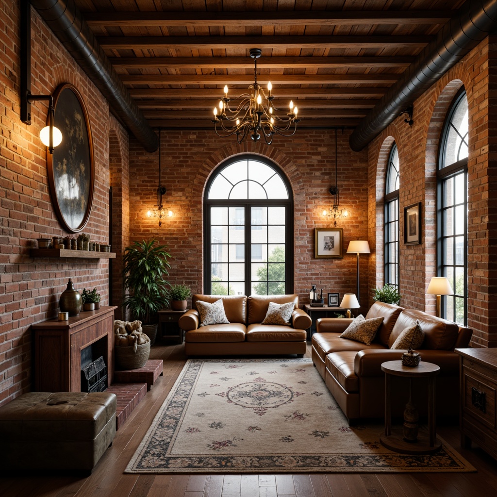 Prompt: Warm loft interior, classic wooden beams, exposed brick walls, soft warm lighting, cozy atmosphere, vintage furniture, distressed leather sofas, ornate metal chandeliers, industrial-style lamps, rustic wood accents, earthy color palette, creamy whites, rich woods, natural textures, subtle shadows, gentle highlights, cinematic ambiance, shallow depth of field, 2/3 composition, realistic rendering.