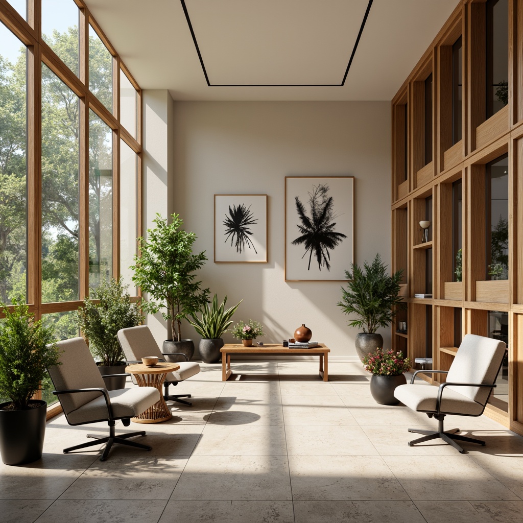 Prompt: Professional office setting, modern minimalist decor, neutral color scheme, calming beige walls, rich wood accents, sleek metal furniture, vibrant green plants, natural stone flooring, large windows, abundant daylight, soft warm lighting, 1/2 composition, realistic textures, ambient occlusion.