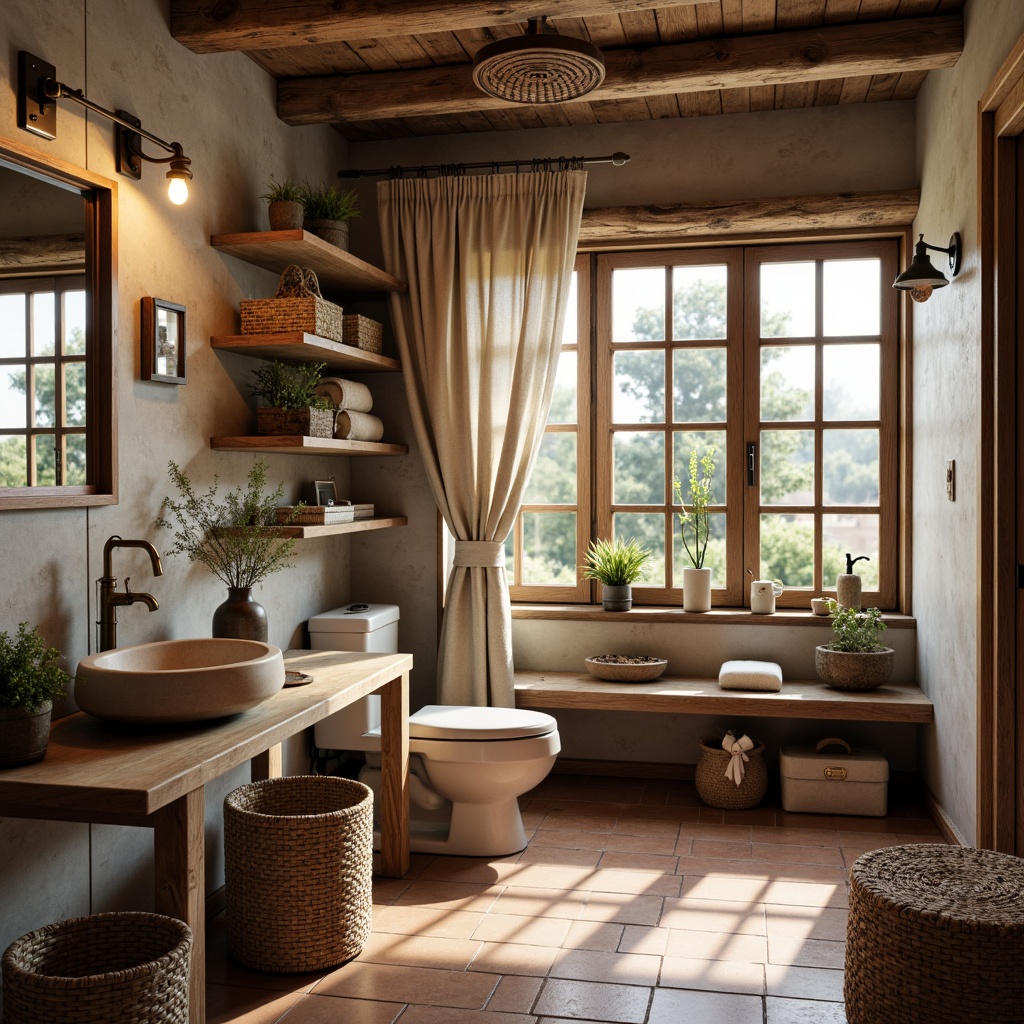 Prompt: Rustic farmhouse bathroom, distressed wood accents, vintage metal fixtures, antique brass faucets, worn stone sink basins, porcelain white toilet, woven wicker storage baskets, natural linen window treatments, earthy terracotta floor tiles, warm soft lighting, 1/2 composition, shallow depth of field, realistic textures, ambient occlusion.