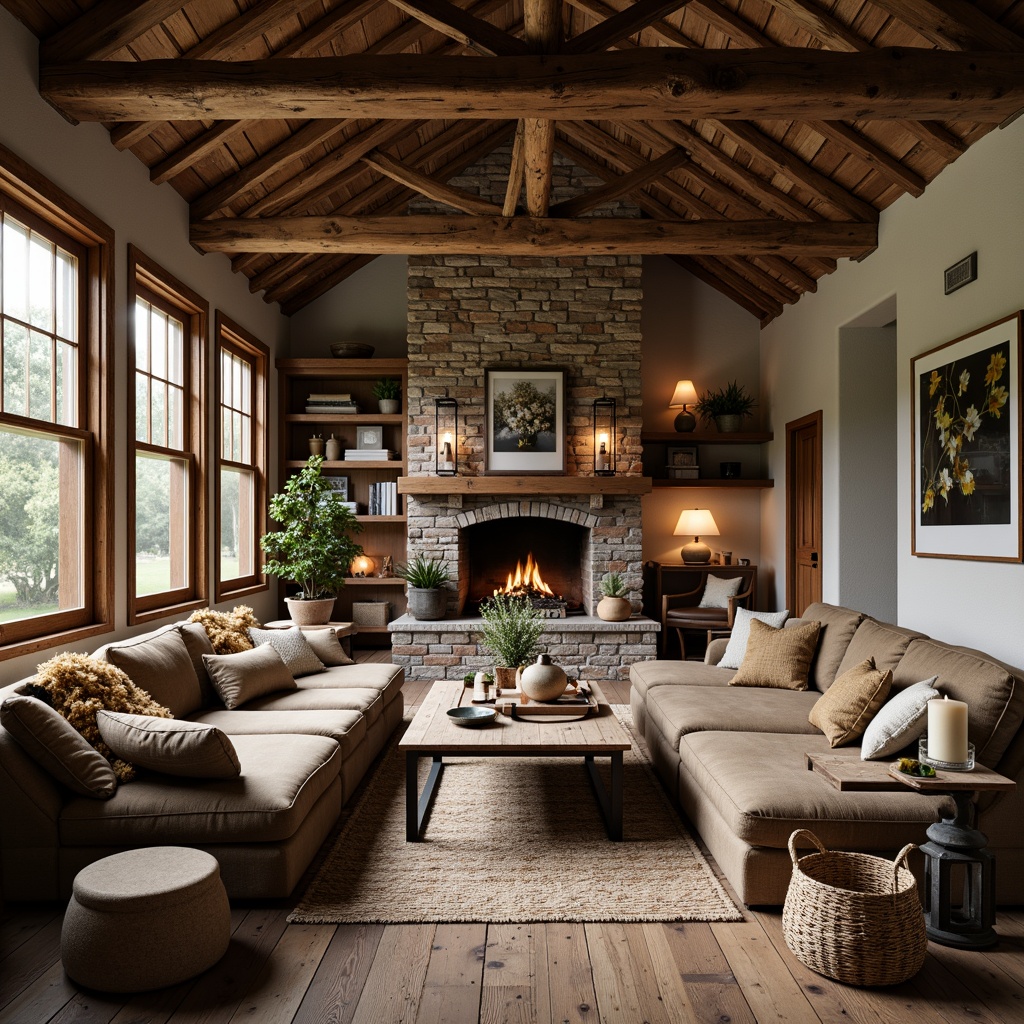 Prompt: Vintage farmhouse, distressed wood accents, exposed beams, brick walls, natural stone fireplaces, rustic metal lanterns, woven baskets, burlap fabrics, earthy color palette, warm soft lighting, shallow depth of field, 1/2 composition, cozy atmosphere, realistic textures, ambient occlusion.